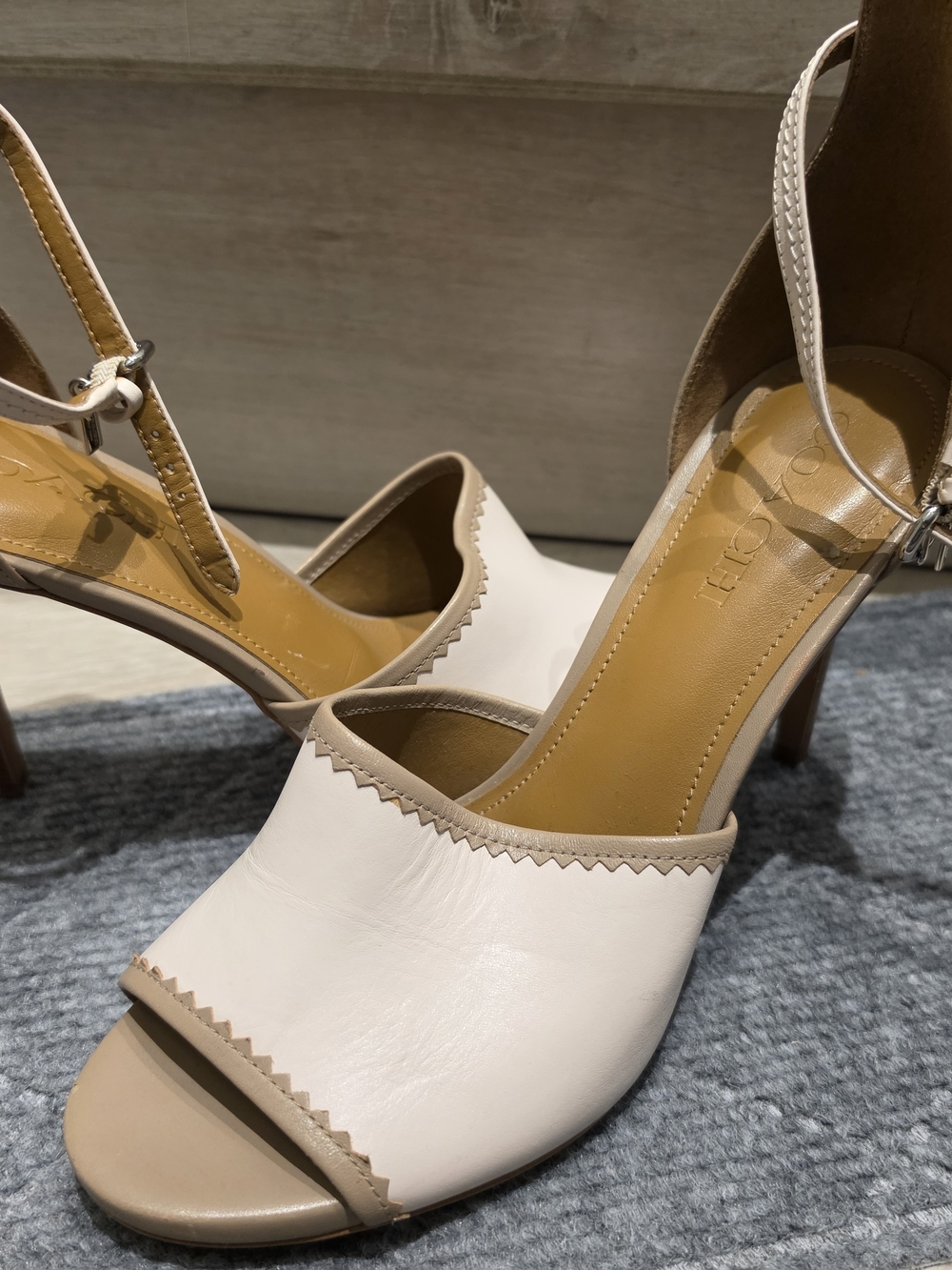 Coach Two-Tone Cream and Tan Peep-Toe Slingback Heels